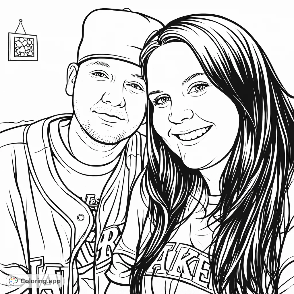 Capture a cheerful moment with this duo portrait coloring page. Two smiling individuals in sports-themed attire, ready for your creative touch.