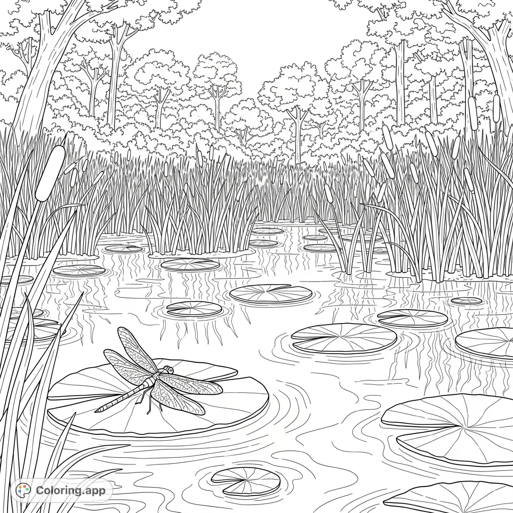 Dragonfly on Marsh Lily Pad - Coloring.app