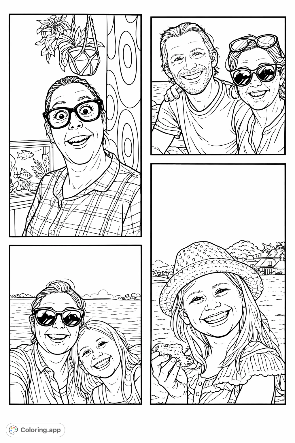 A delightful family photo collage coloring page showcasing five unique, joyful moments. Perfect for bringing personal memories to life with your creative touch.
