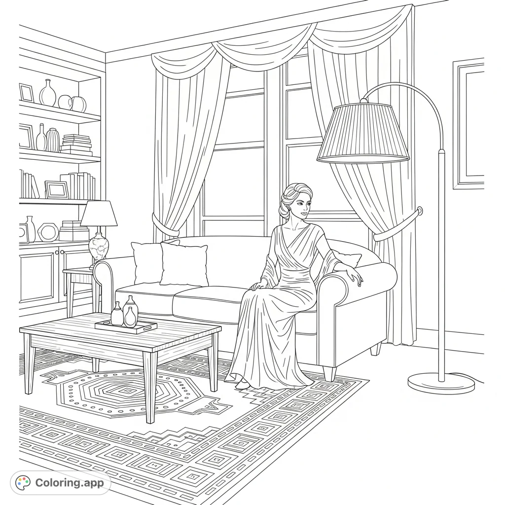 An elegant woman rests on a plush sofa in a well-appointed living room, surrounded by tasteful furnishings and decorative elements. A captivating living room coloring page.