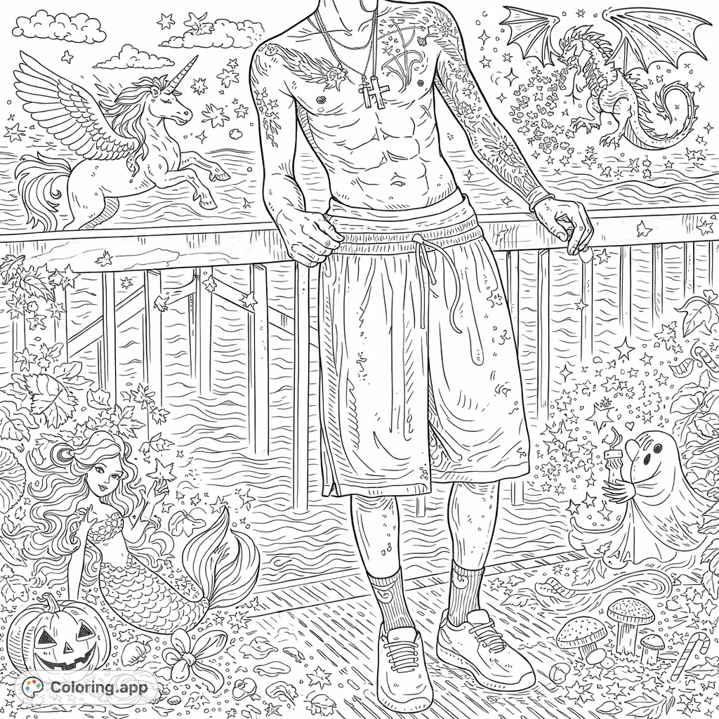 A fantasy figure coloring page depicts a lean guardian by mystical waters with detailed tattoos, magical effects, and seasonal adornments. Free printable for adults.