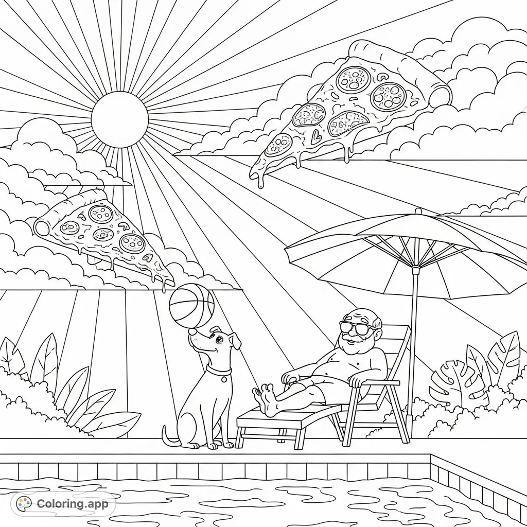 Grandpa relaxes by the pool with a silly dog balancing a basketball, under a sunny sky filled with pizza slice clouds. A fun summer scene!