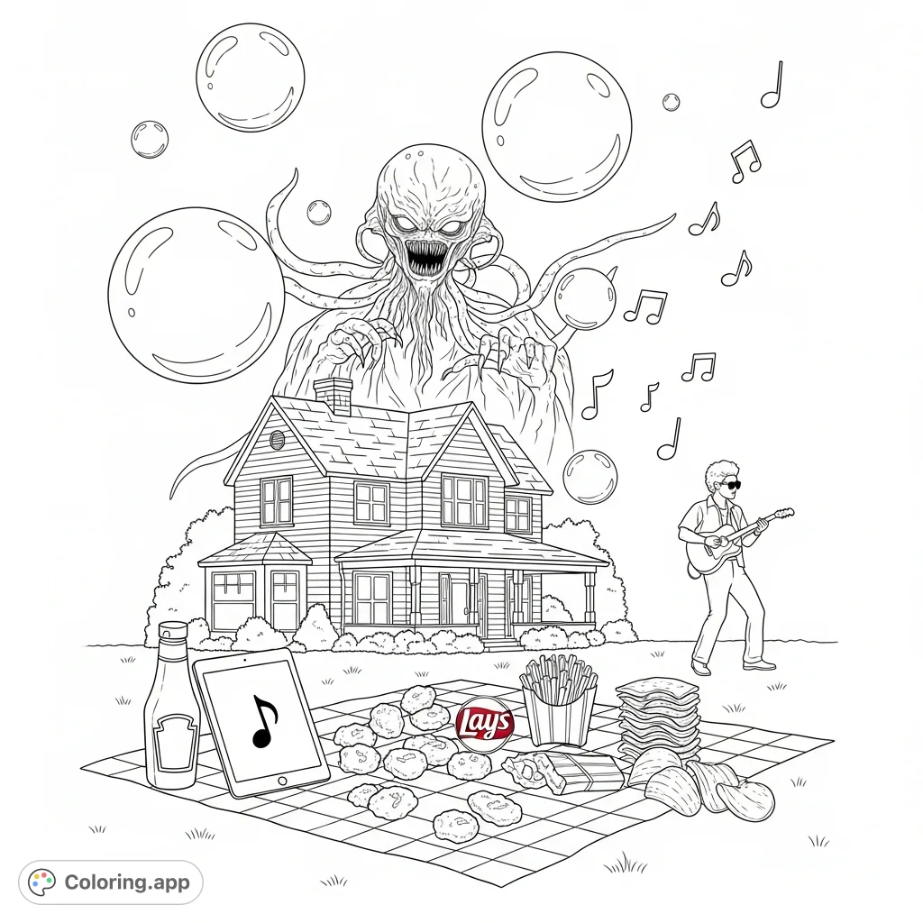 An unusual coloring page blending a suburban house, the Mind Flayer, Bruno Mars, and favorite snacks like chicken nuggets, fries, and Lays chips.