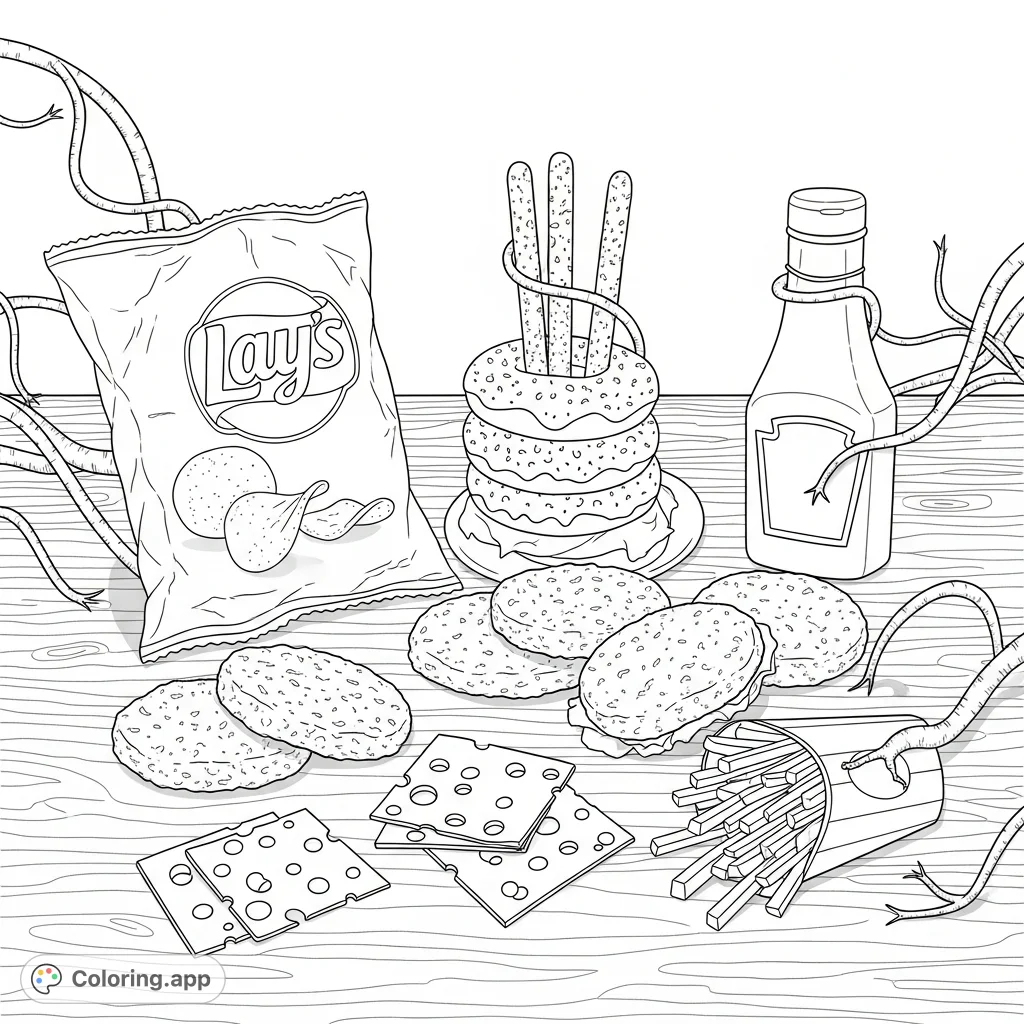 An exciting Stranger Things coloring page featuring Lays chips, donuts, chicken patties, cheese, ketchup, and fries amidst subtle Upside Down elements. A fun food adventure!