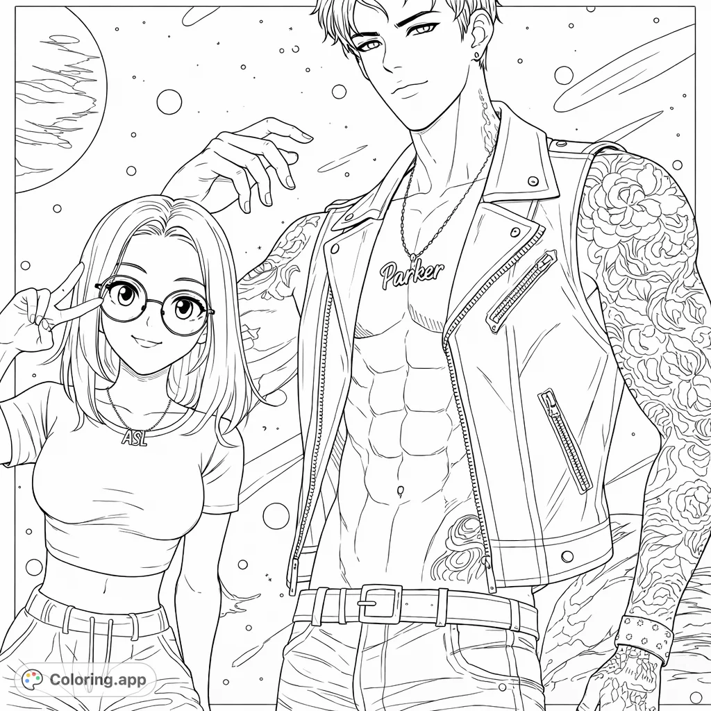 Color a dynamic duo against a swirling cosmic backdrop, featuring a woman making a peace sign and a tattooed man with an open vest.