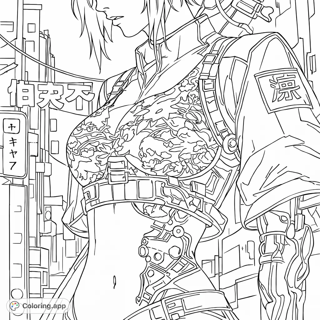A stylish cyberpunk figure with intricate tattoos against a futuristic urban backdrop. Perfect for advanced colorists exploring detailed designs.
