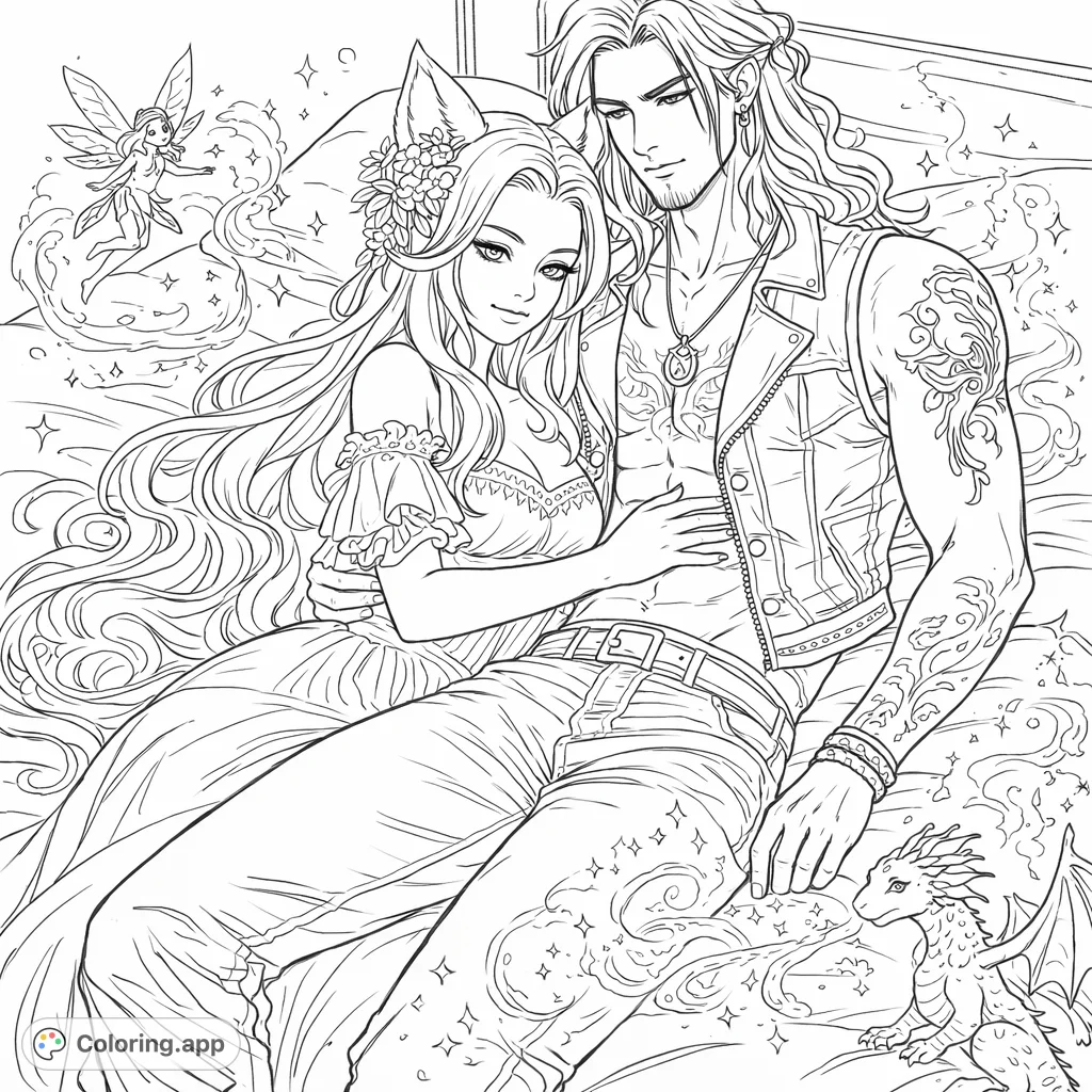 Color a mystical fantasy couple in a tender embrace. Features fox ears, flowing hair, and unique patterns for a magical escape.