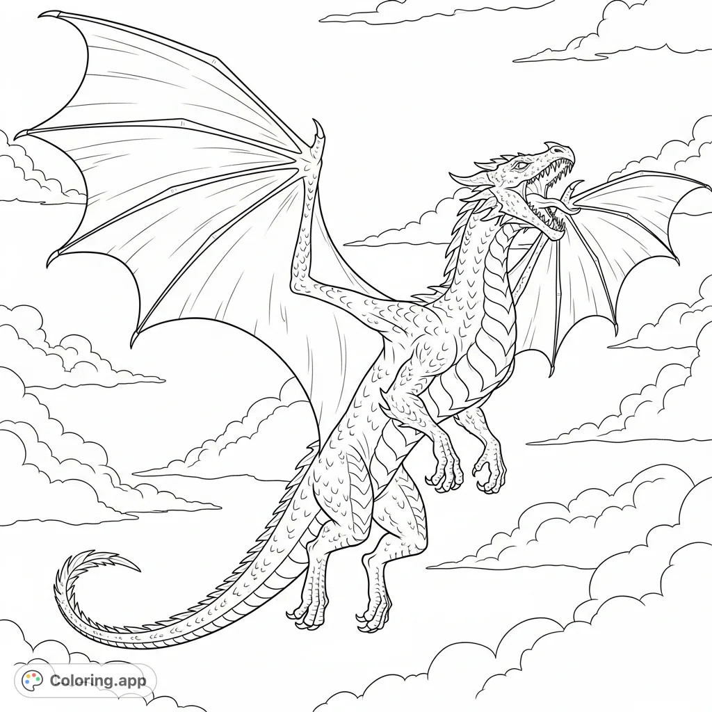A majestic fantasy dragon soars through the sky, mid-roar, with intricate scales and widespread wings amidst dynamic clouds. A captivating free printable coloring page.