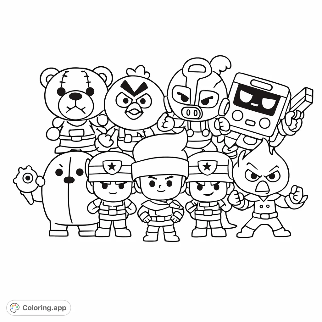 A fun gathering of popular game characters, perfect for coloring fans. Features a diverse cast in playful poses, ready to be brought to life with imagination.