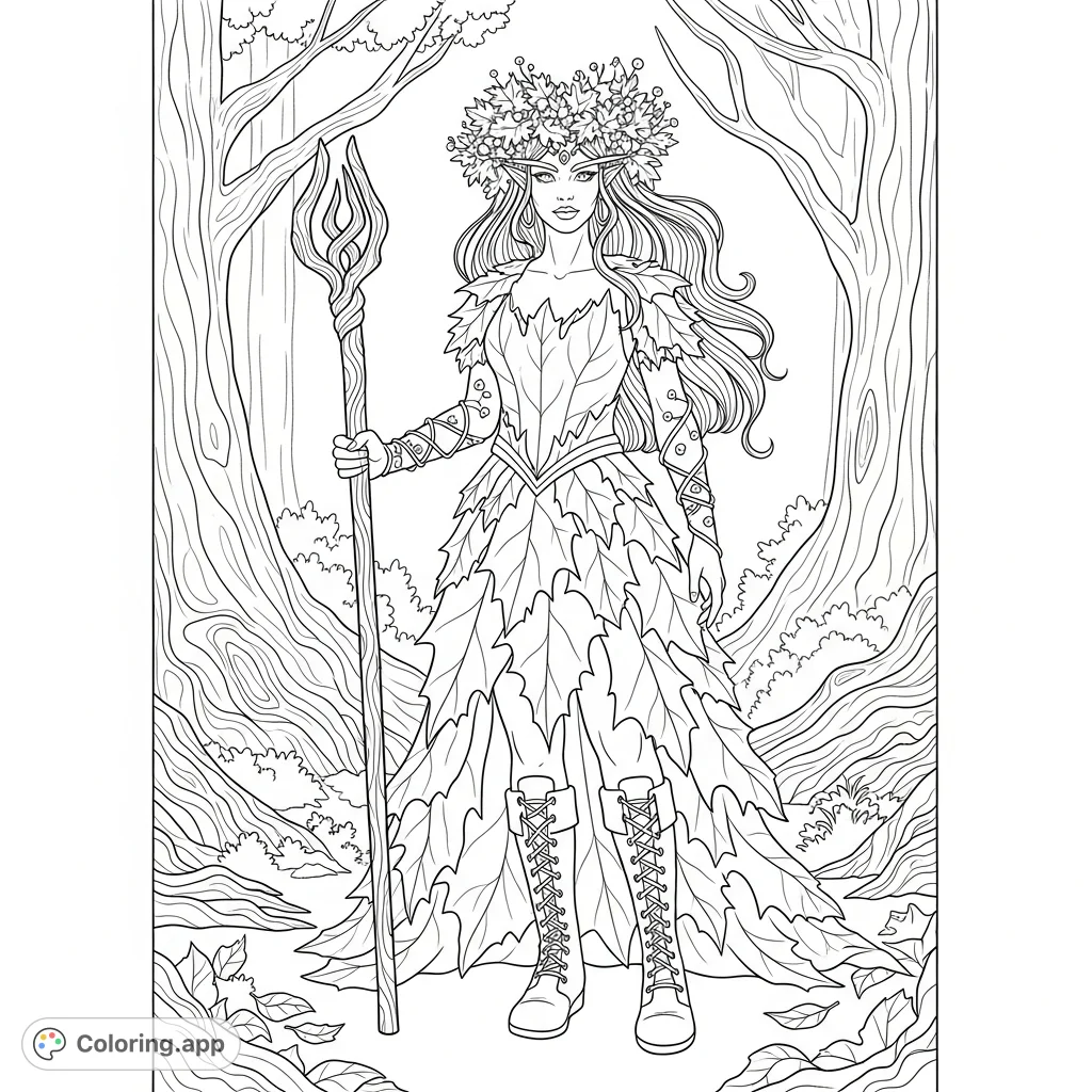 Discover an enchanting elf druid in a nature-inspired leaf dress, flowing hair, and wood staff, perfect for fantasy and nature lovers to bring to life.