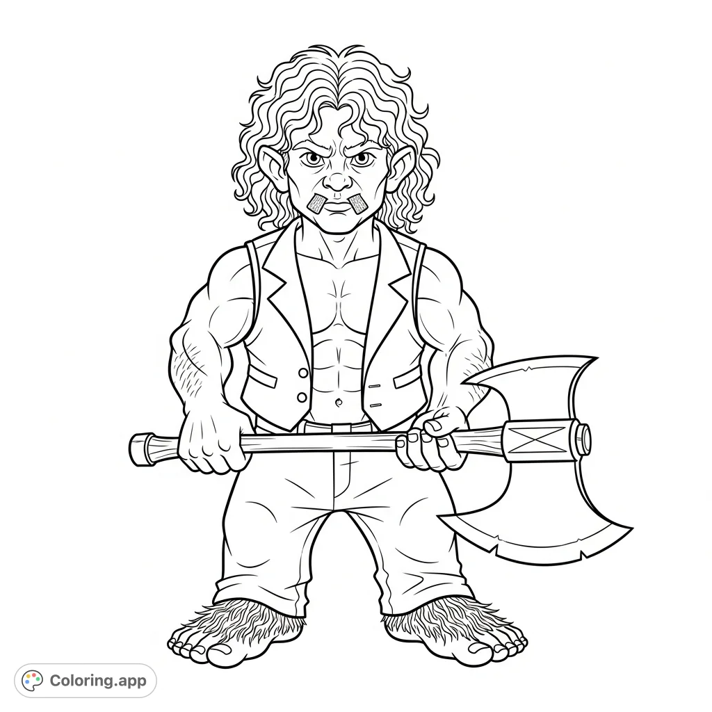A powerful halfling warrior with curly hair, mutton chops, and a great axe, wearing an open vest and loose trousers, featuring distinctive hairy feet.