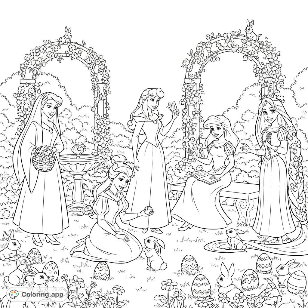 Six beloved princesses celebrate Easter in a magical spring garden, surrounded by eggs, bunnies, and beautiful flowers. A charming and detailed scene!