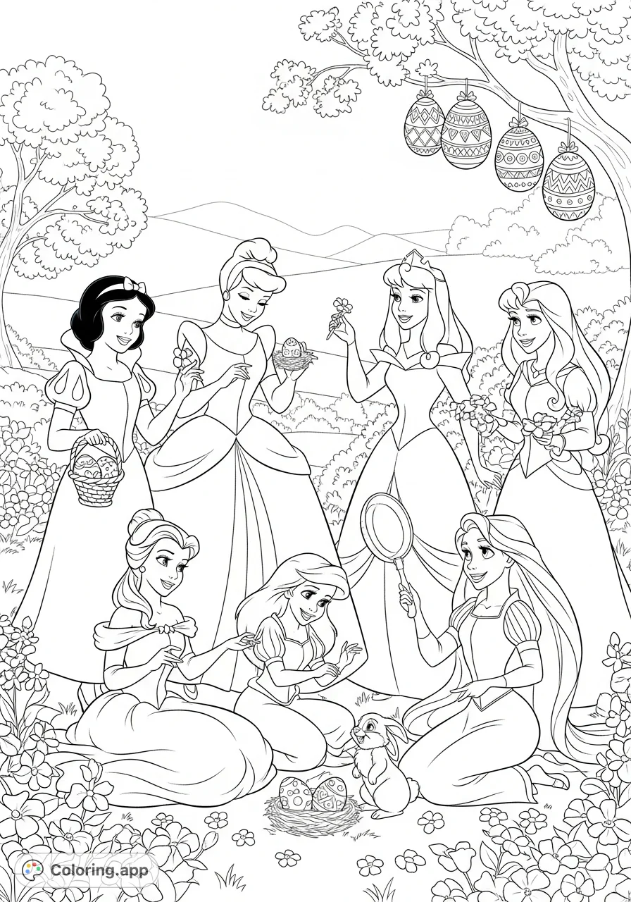 Join Snow White, Cinderella, Aurora, Belle, Ariel, and Rapunzel in an enchanted spring garden, celebrating Easter with eggs, bunnies, and blossoms!