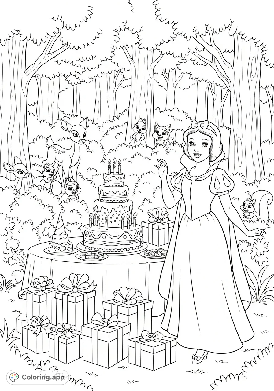 Join Snow White's magical birthday! This free printable coloring page features the princess, a cake, gifts, and forest friends, perfect for kids.