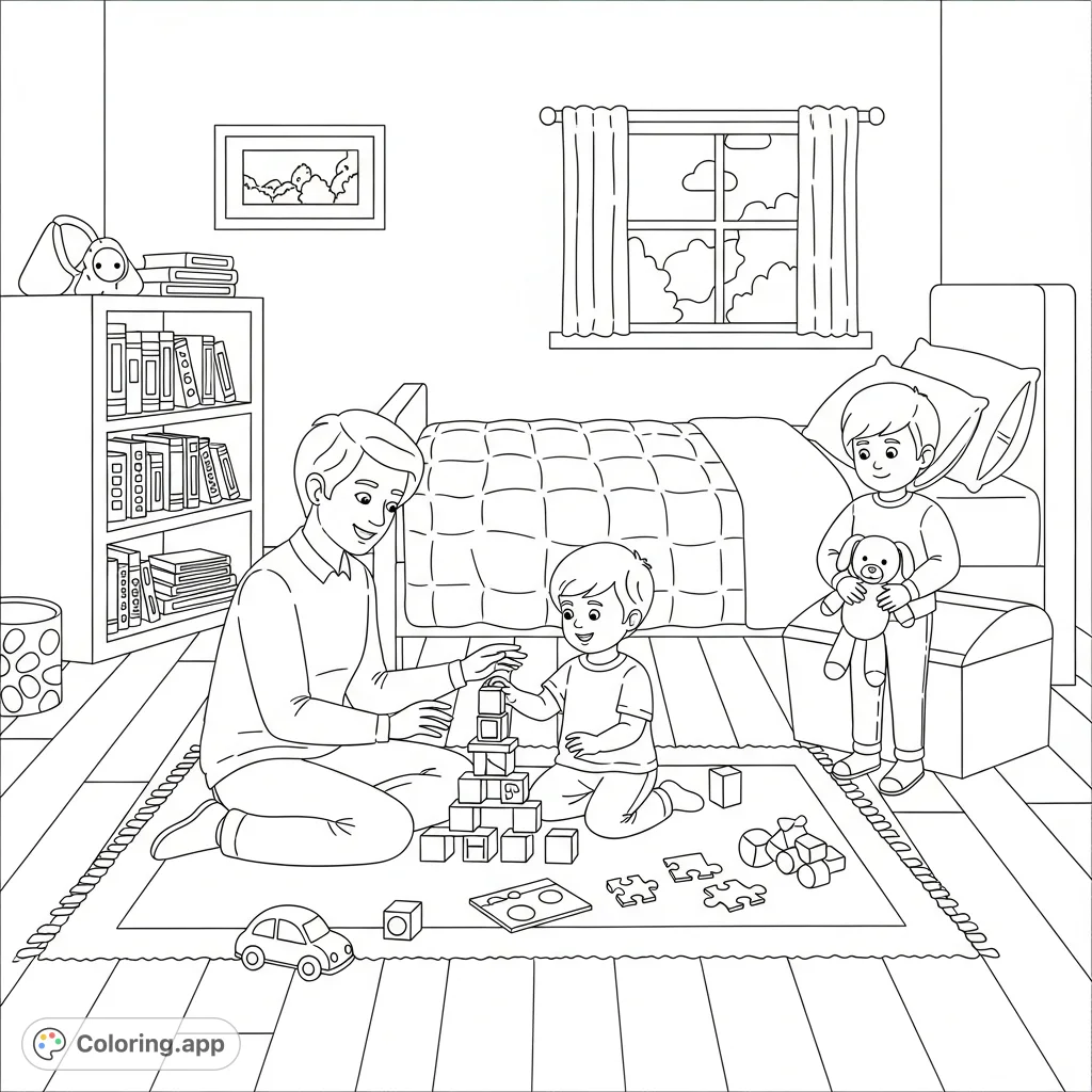 A heartwarming family bedroom play area coloring page, featuring a parent and two children playing with toys amidst a cozy setting. Free printable coloring page for all.