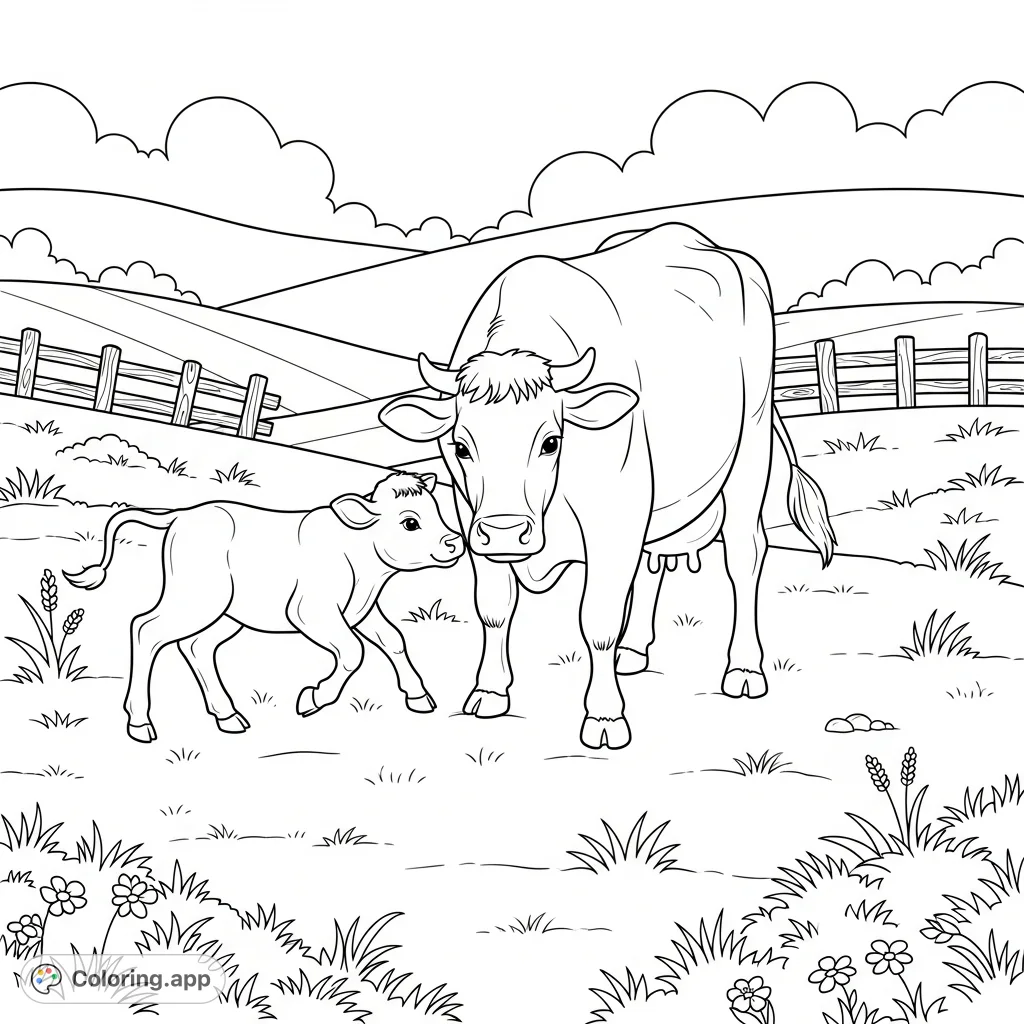 A charming farm scene featuring a happy cow playing with its lively calf in a sunny pasture. Perfect for a relaxing coloring experience and animal lovers.