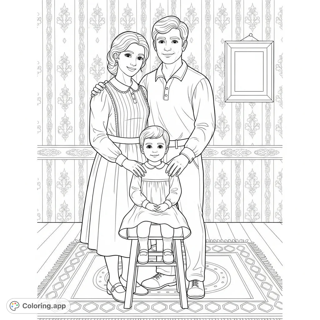 A charming vintage family portrait coloring page featuring a mother, father, and child in classic attire amidst a cozy, detailed setting. A delightful scene for all ages.