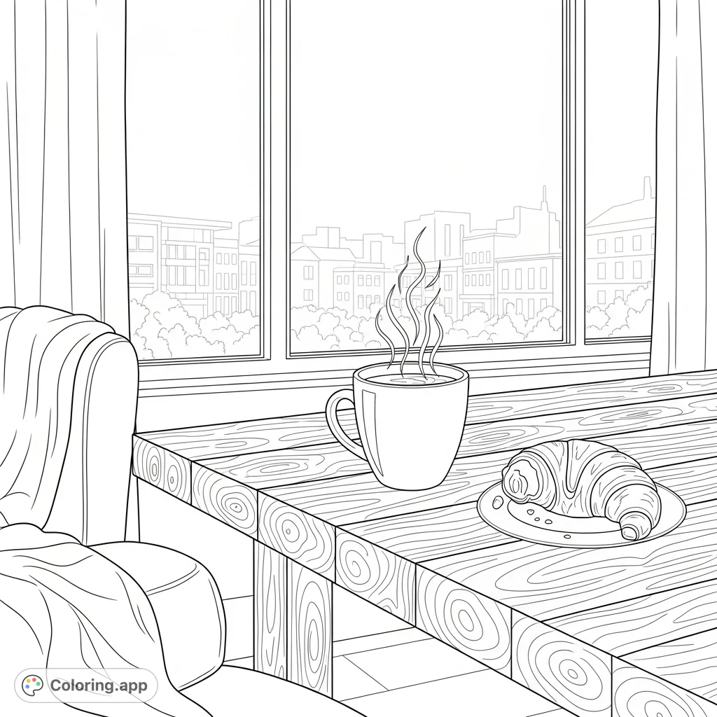 A tranquil morning scene to color, featuring a steaming mug and a croissant on a wooden table with a blurred city street view from a large window.