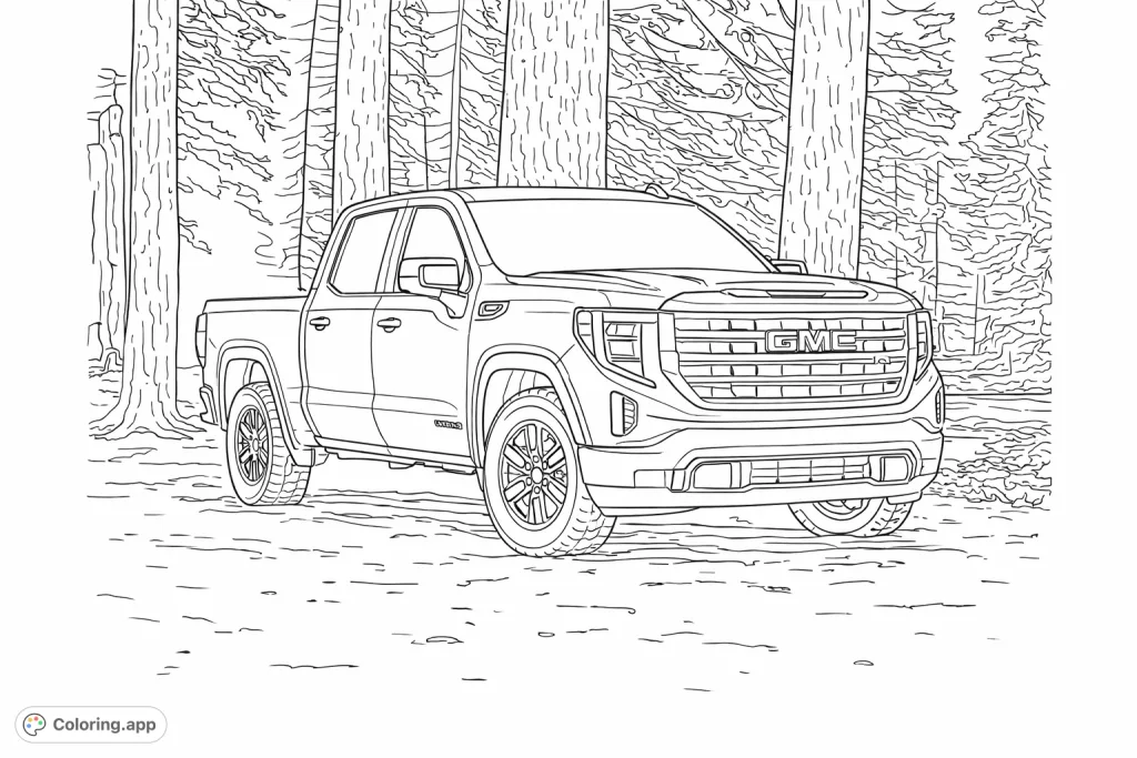 Explore the wilderness with this powerful pickup truck coloring page. Features a detailed truck against a serene forest and river backdrop.
