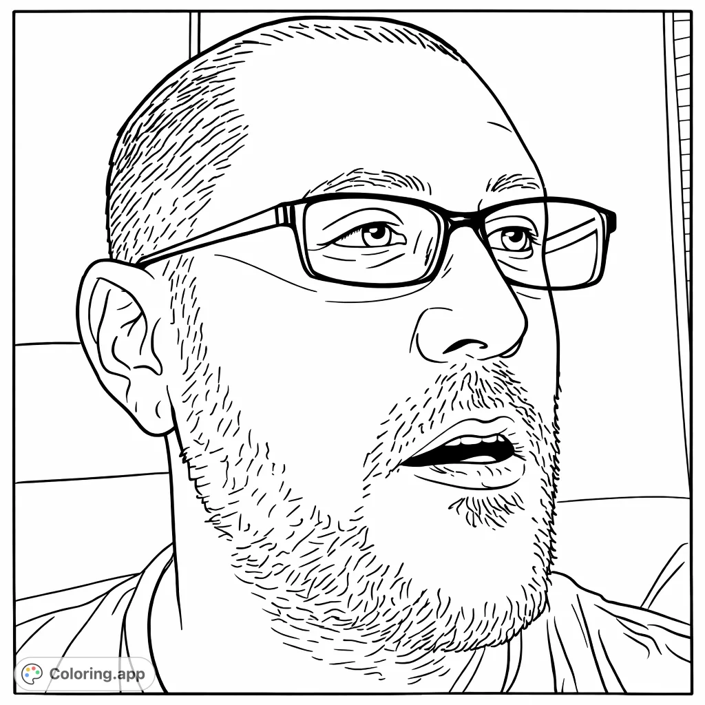 A realistic portrait of a man wearing glasses, featuring a detailed face with stubble and a thoughtful expression, perfect for adult colorists.