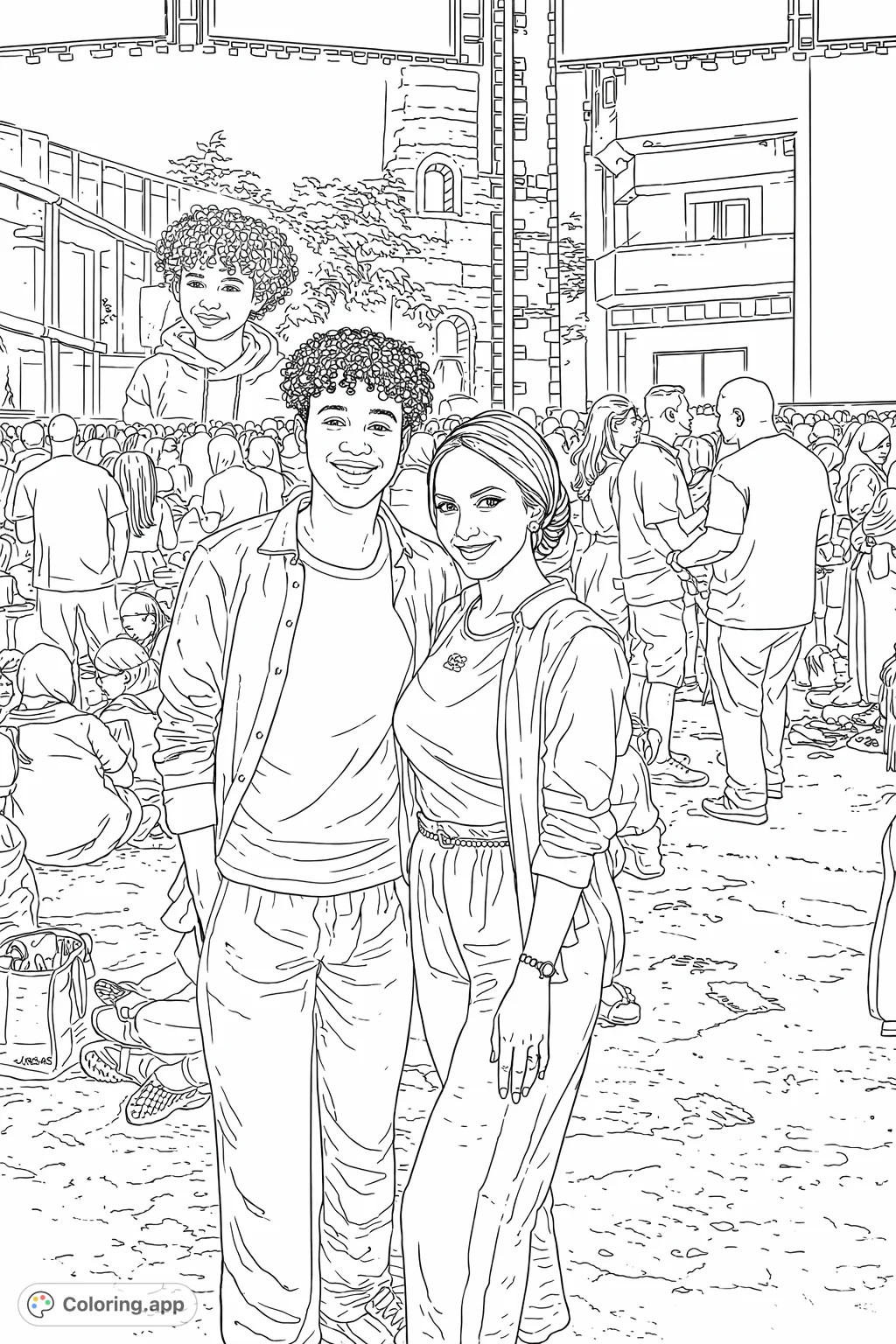 A cheerful couple poses together at a lively outdoor event, with a crowd and large display screens in the background. A delightful scene for all ages.