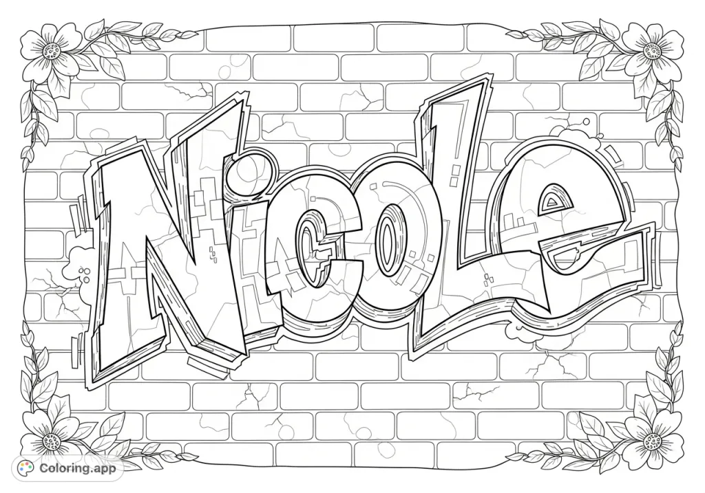 A dynamic graffiti artwork featuring the name Nicole on a textured brick wall, with sharp angles, layered letters, and intricate brick details.