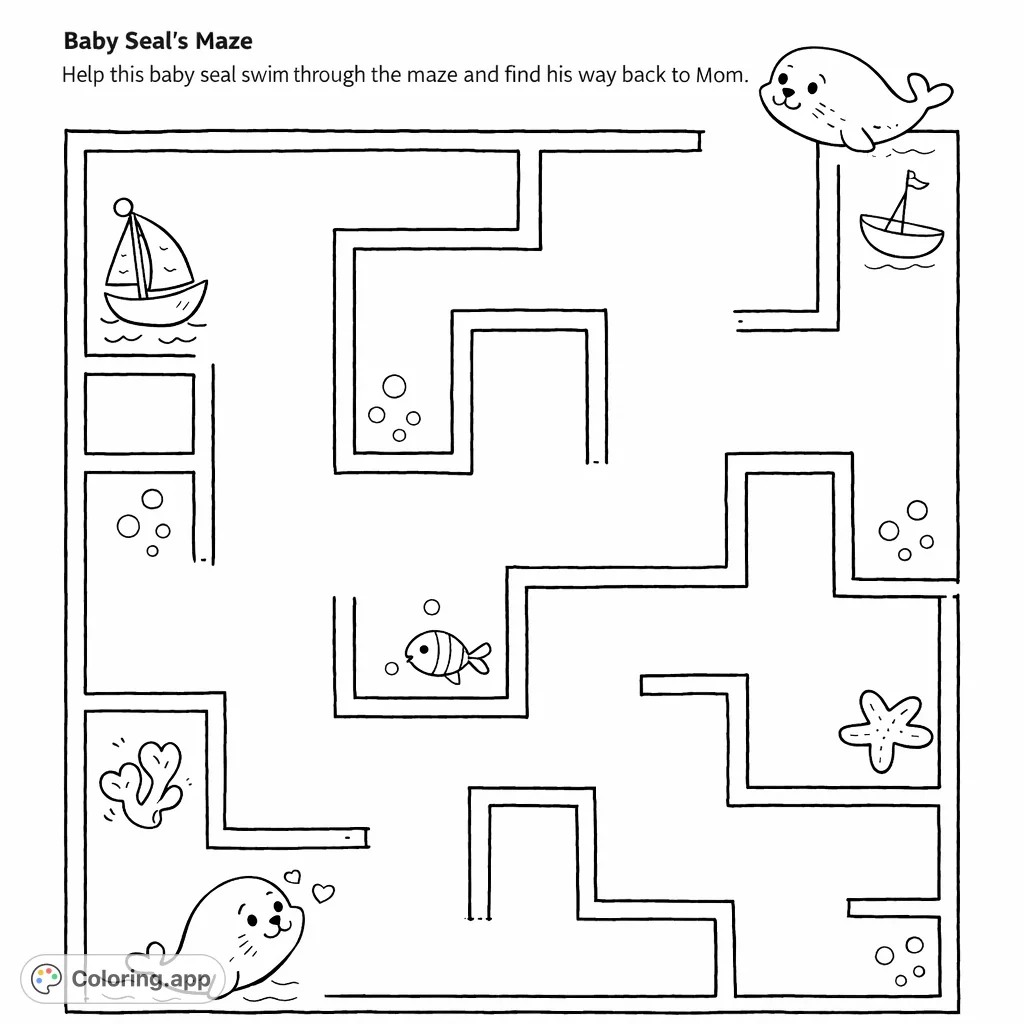 Navigate an exciting underwater maze with a baby seal. Discover fish, seashells, and boats on the journey to reunite with its parent in this engaging puzzle.