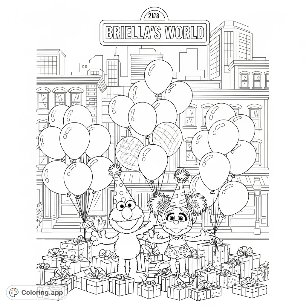 Join Elmo and Abby Cadabby for a festive birthday party on Sesame Street! Featuring party hats, presents, balloons, and a special "BRIELLA'S WORLD" sign.