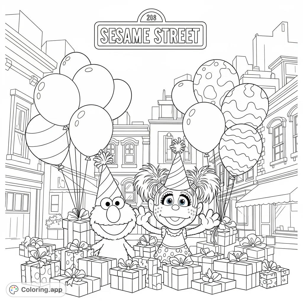 Join Elmo and Abby Cadabby for a joyous birthday celebration on Sesame Street! This free printable coloring page features presents, balloons, and party hats for endless fun.