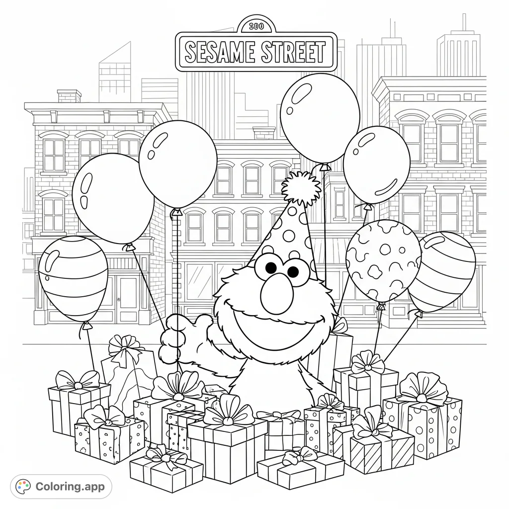 Join Elmo for a festive birthday celebration on Sesame Street! This fun Elmo coloring page features Elmo, presents, balloons, and iconic cityscape elements.