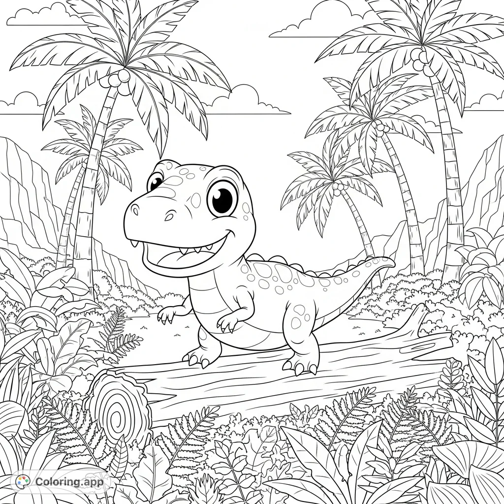 A cheerful cartoon T-Rex/lizard hybrid dinosaur balances playfully on a fallen log amidst lush jungle foliage, ferns, and towering palm trees. A fun, free printable dinosaur coloring page!