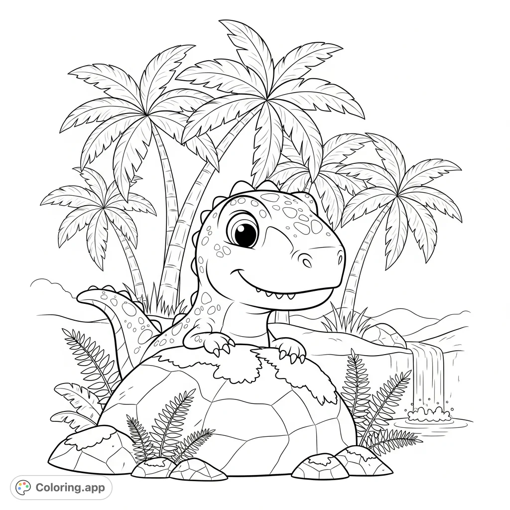 Meet a cheerful T-Rex lizard hybrid peeking from behind a mossy rock in a vibrant jungle with ferns, palms, and a distant waterfall. A delightful dinosaur coloring page.
