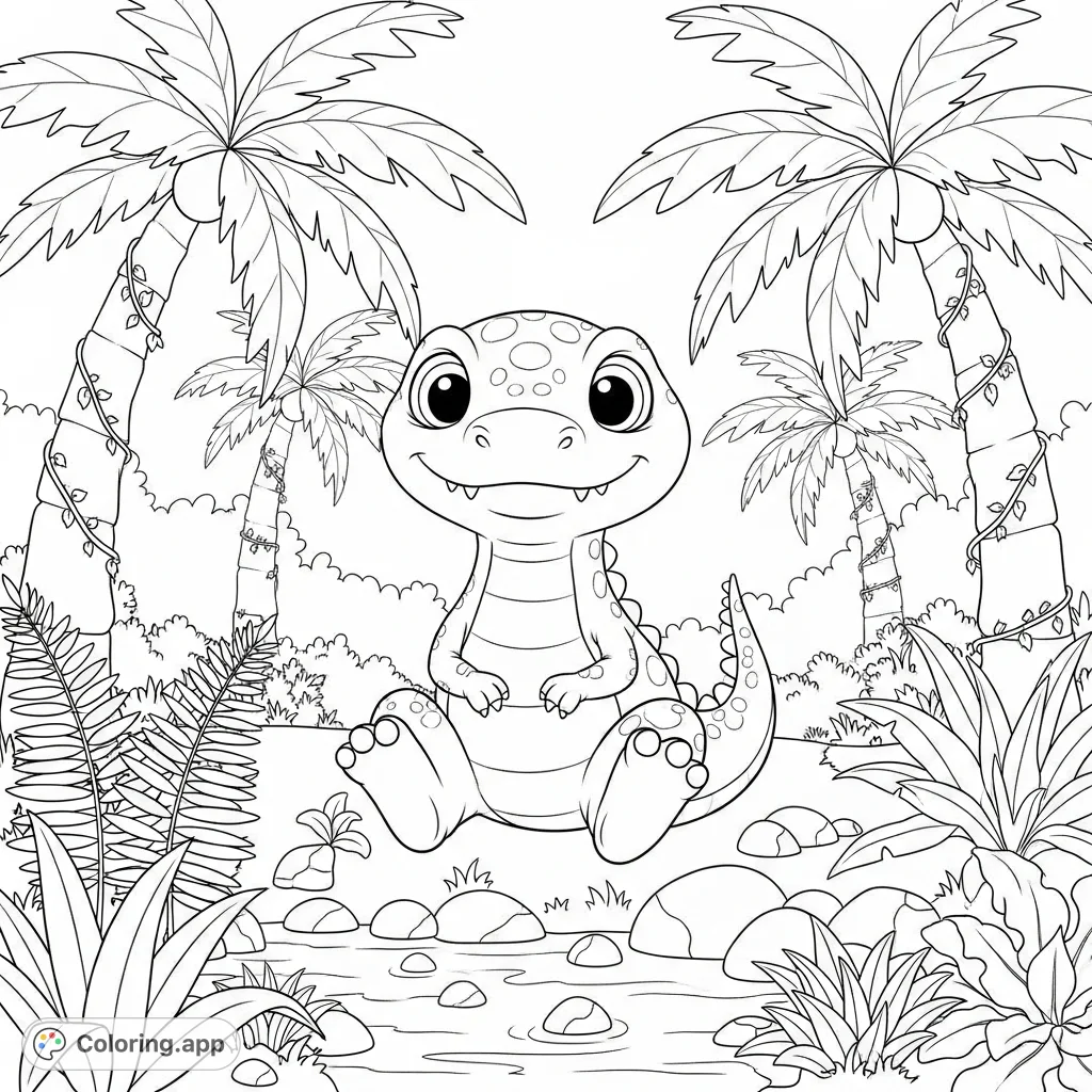 An adorable cartoon dinosaur with a friendly smile sits in a lush jungle clearing, surrounded by towering palms, exotic plants, and a winding stream with smooth rocks. A delightful dinosaur coloring page for creative fun!