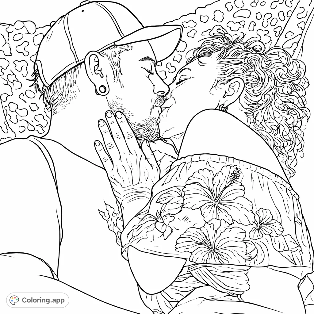 An intimate couple's embrace, featuring two individuals kissing with hands gently placed on faces. A tender moment captured for coloring.