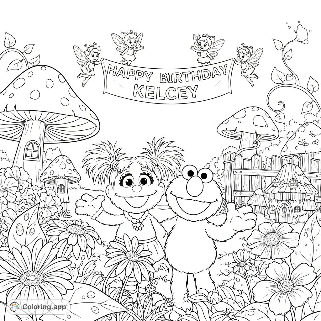 Join Abby and Elmo at a whimsical fairy garden birthday party for Kelcey, where cheerful fairies hold a special celebratory sign amidst blooming flora and playful creatures.