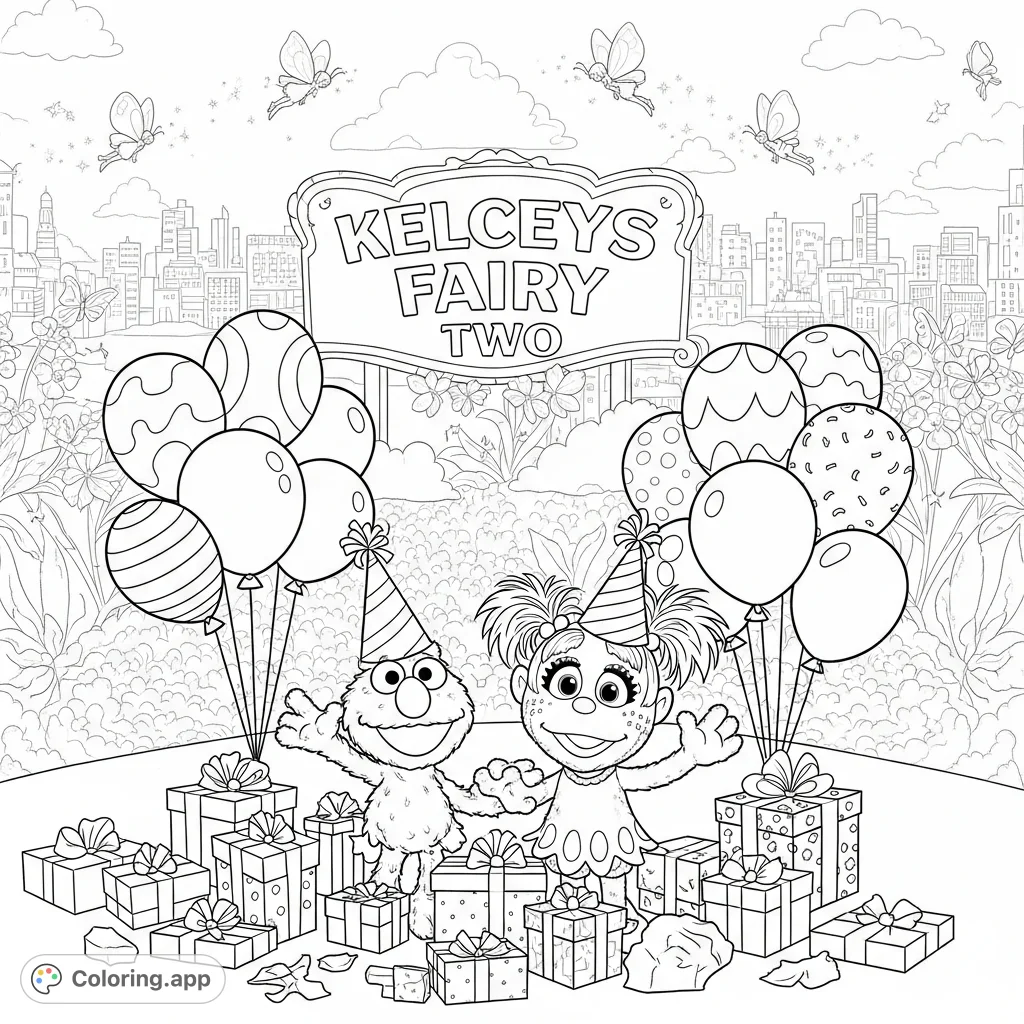 Elmo and Abby Cadabby celebrate a magical birthday amidst presents, balloons, and enchanting fairies in a lush fairy garden above an urban scene.