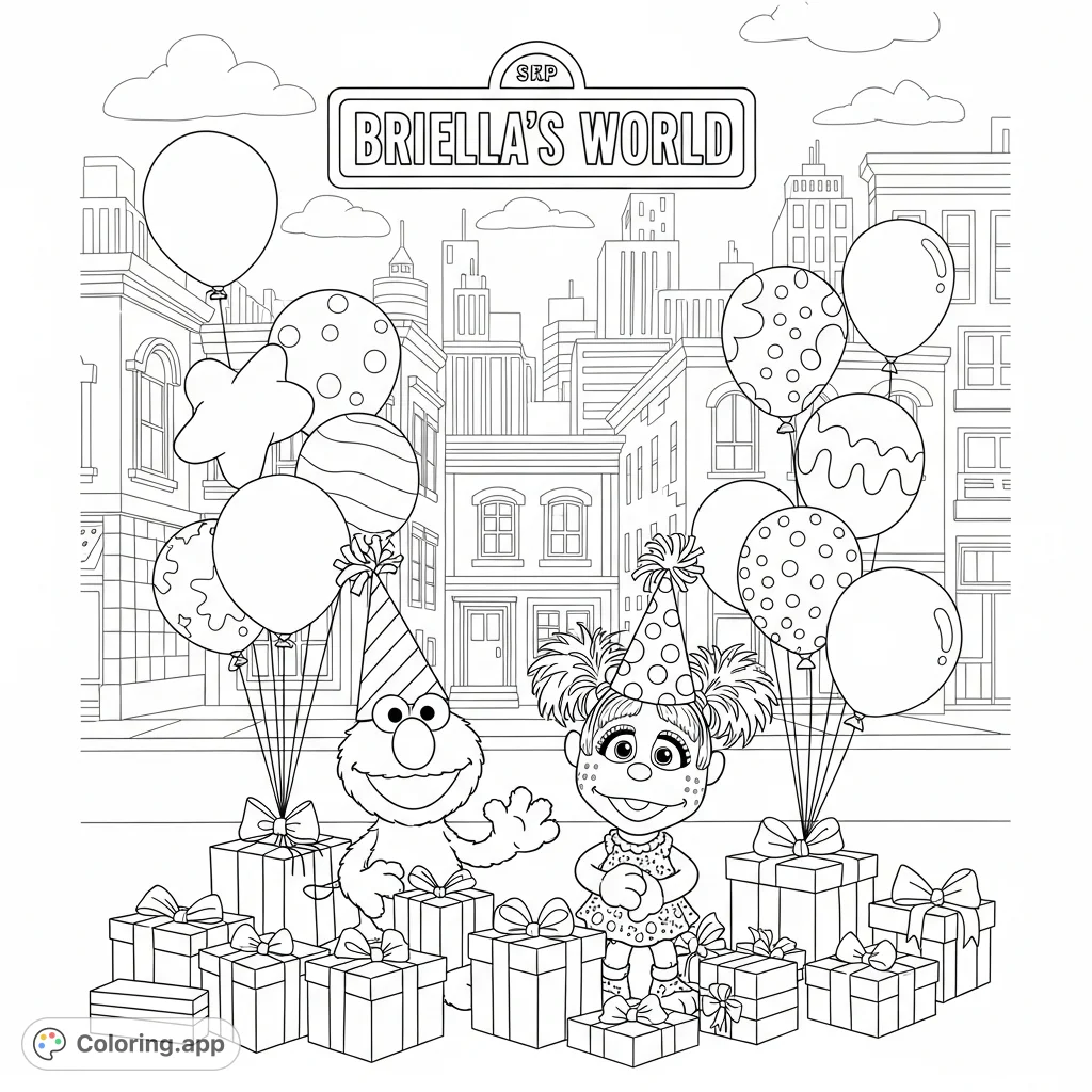 Elmo and Abby Cadabby celebrate a birthday with party hats, presents, and balloons on Sesame Street, featuring a "BRIELLA'S WORLD" sign.