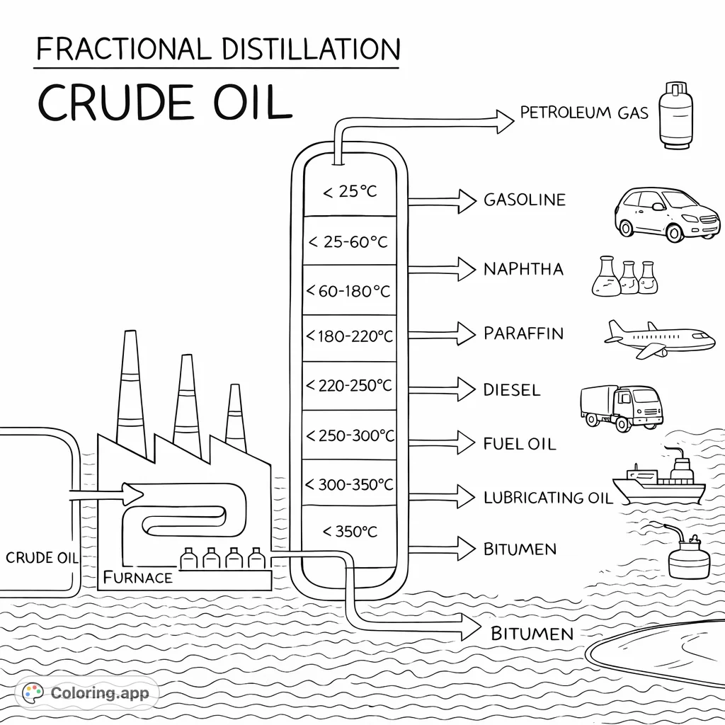 Explore the crude oil distillation process with this free printable coloring page. Features a refinery, distillation column, and various derived products.