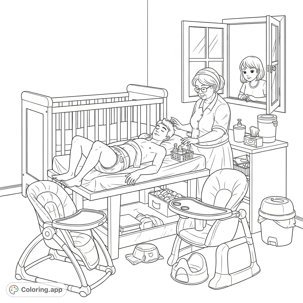 Discover a unique adult nursery scene featuring a young man on a changing table, attended by an adult female, with an observer peeking through a window.