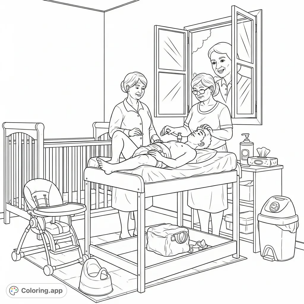 An adult male on an oversized changing table in a detailed nursery, observed through an open window. A unique adult baby scene for a mature coloring experience.