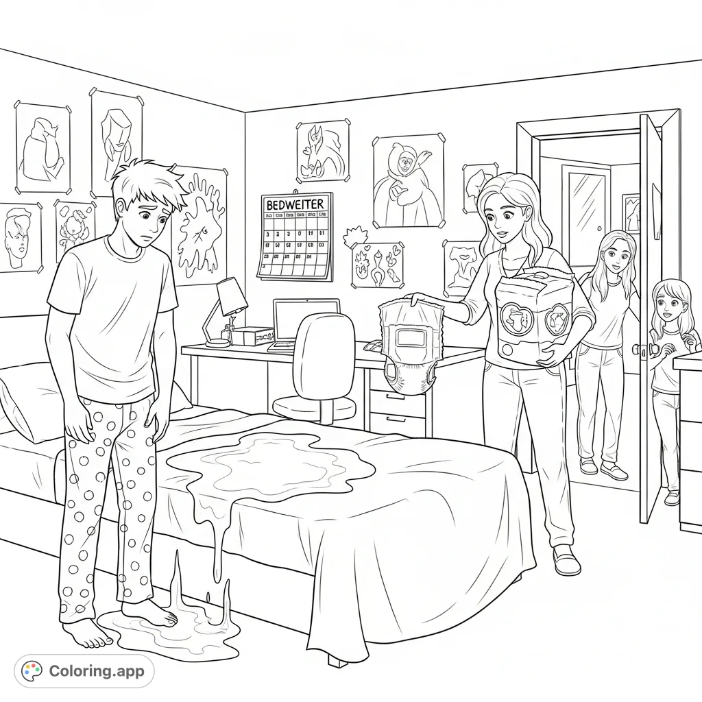 Explore the emotional depth of an adult bedwetting scene with a college-aged boy, his family, and realistic room details. A thought-provoking page.