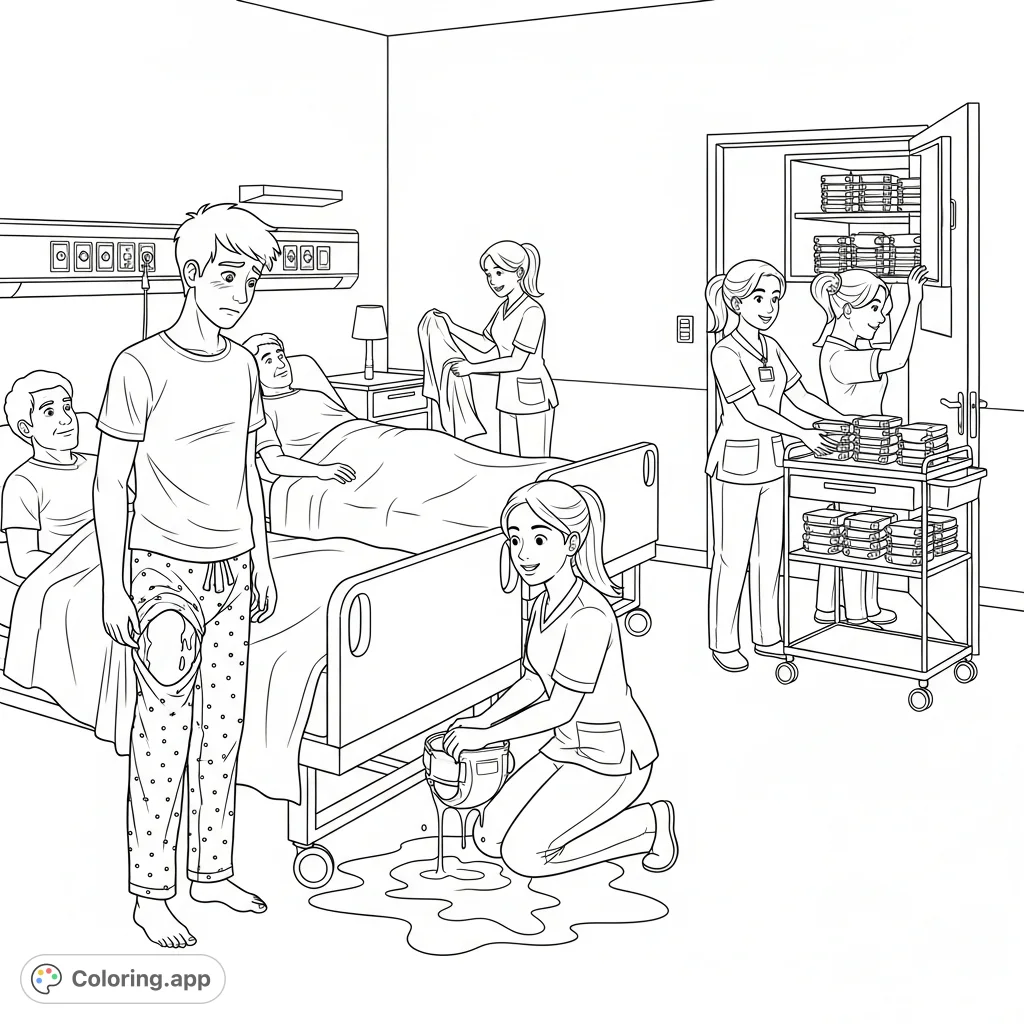 A detailed hospital scene depicting a young patient's moment of embarrassment with a wet bed, attended by caring nurses, and other hospital staff managing supplies.