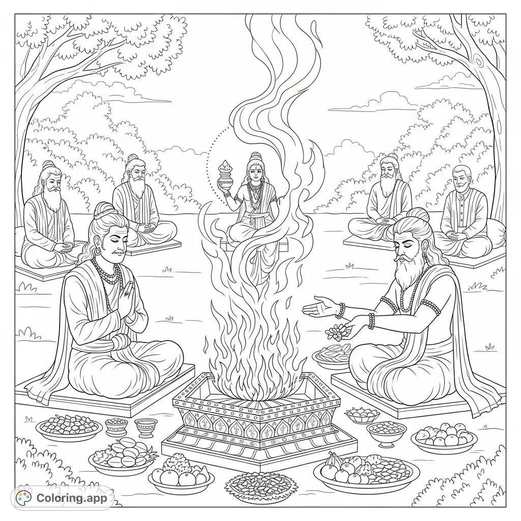 Immerse yourself in the sacred Putrakamesthi Yajna from Ramayanam, featuring King Dasharatha, Sage Rishyashringa, and a divine being from the fire.