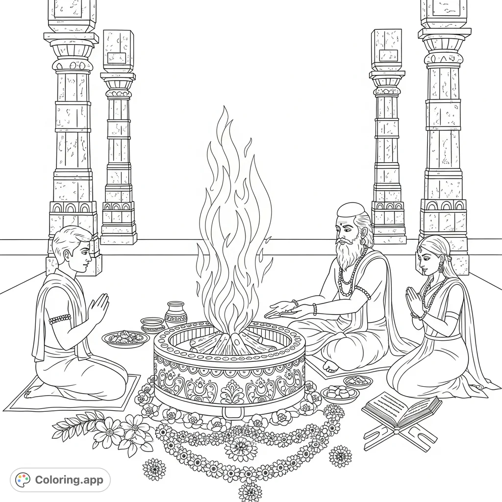 Experience a solemn Vedic fire ritual. A revered Rishi, devotees, intricate garlands, and ancient stone pillars evoke spiritual tranquility.