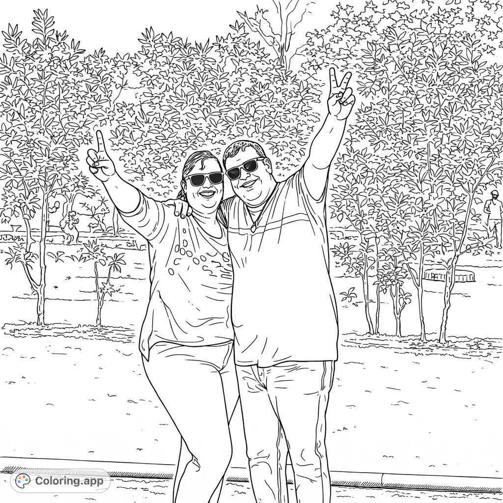 A cheerful couple in sunglasses, arms raised and pointing upwards, celebrating outdoors amidst leafy trees and a grassy lawn.