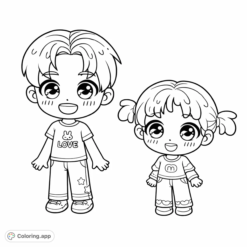 Meet an adorable chibi boy and girl, ready for your creative touch! Features expressive faces, detailed outfits with fun patterns, perfect for imaginative coloring.