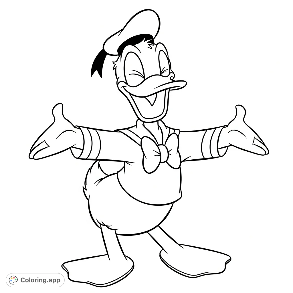 A free printable Donald Duck coloring page featuring the cheerful character with a big smile and open arms. Perfect for fans of all ages.