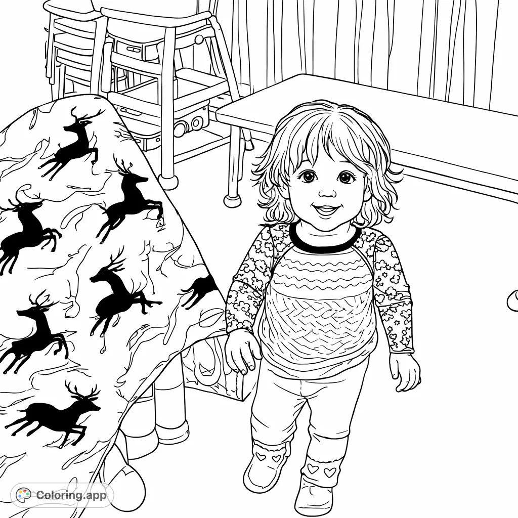 A delightful coloring page featuring a happy toddler smiling in a playful indoor setting. Perfect for young artists to bring joy and vibrancy to the scene.