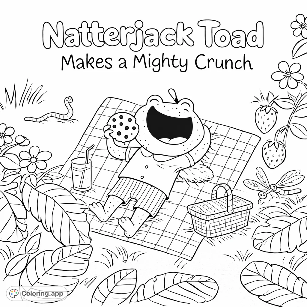 A joyful toad enjoys a picnic with a cookie and a drink, surrounded by lively nature elements like a worm, dragonfly, and strawberries.