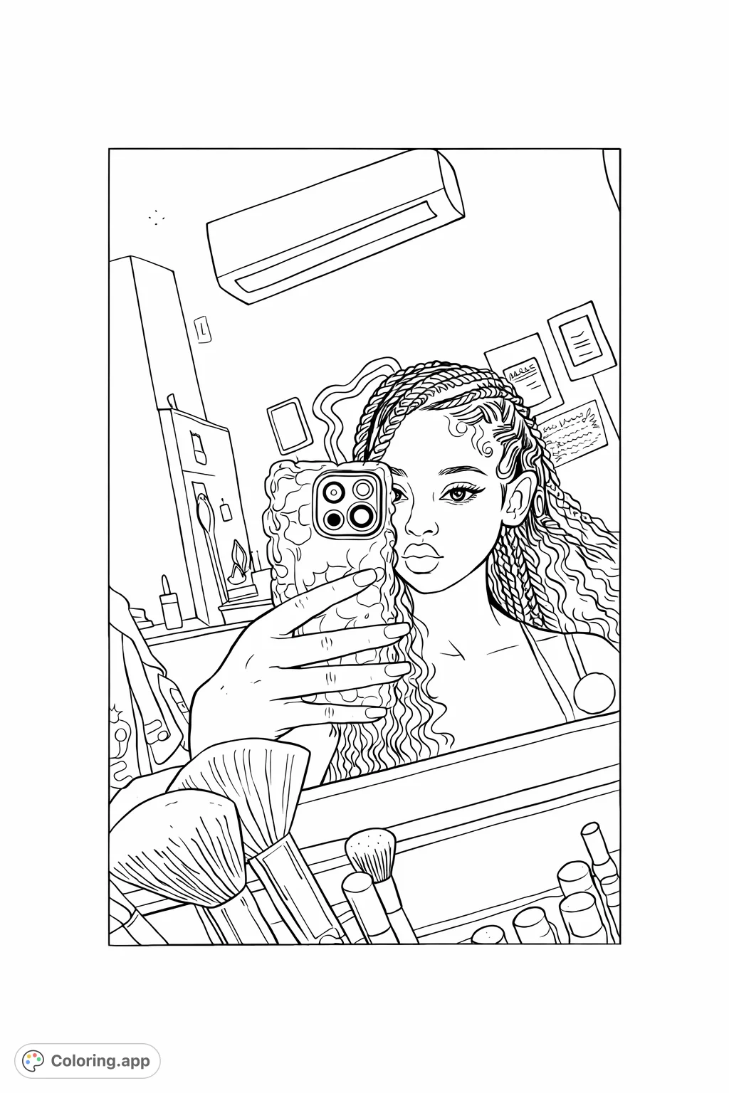 Capture a stylish mirror selfie with intricate braided hair and a patterned phone case. A trendy scene perfect for personalizing with your favorite hues.
